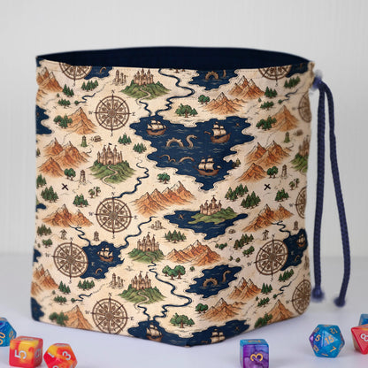 Nautical map dice bag with 6 pockets — sorts dice sets for a DM with multiple sets.