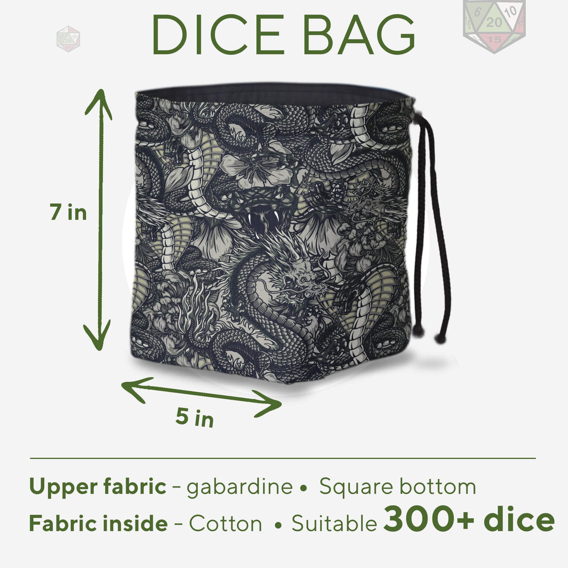 Black-and-white dragon dice bag shown with dice for scale — handmade DnD organizer.