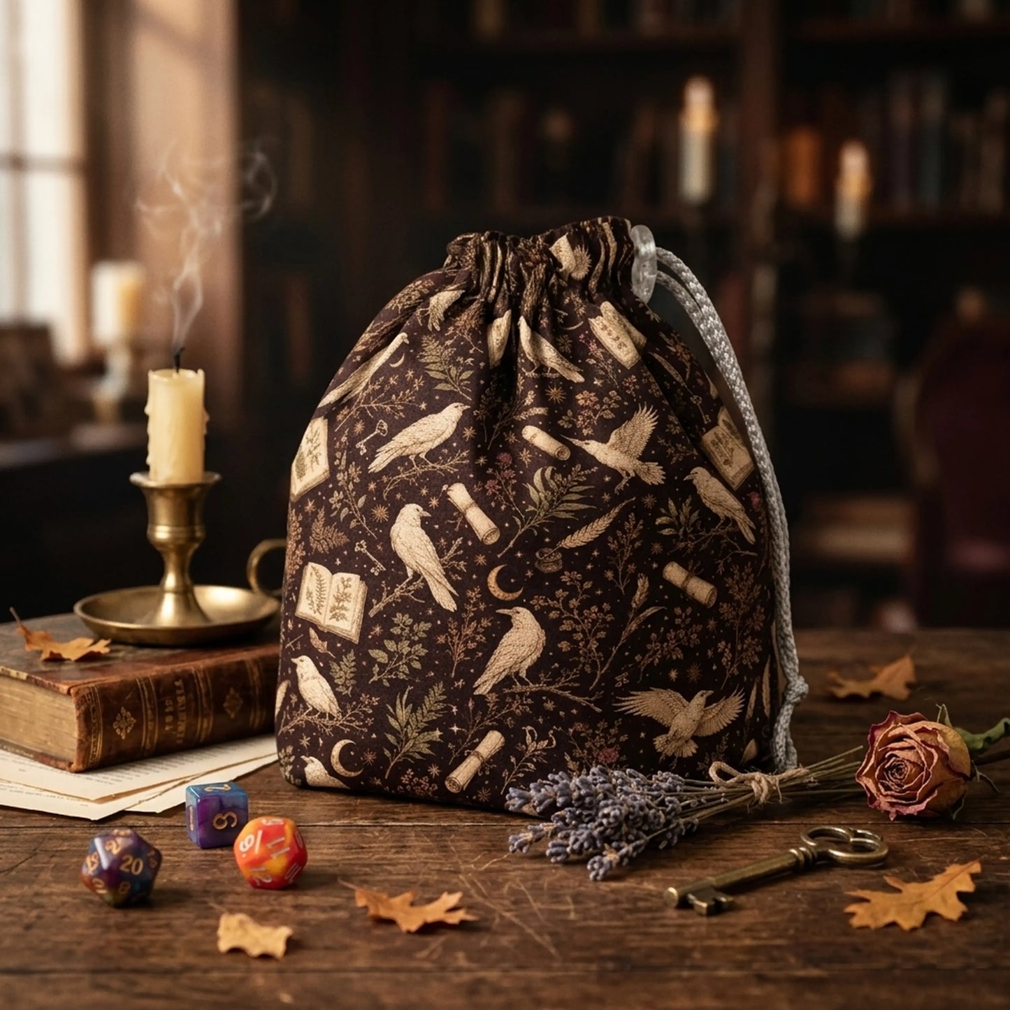 Dark academia dice bag for your character aesthetic — pale ravens, books and scrolls on espresso brown, holds 300+ dice.