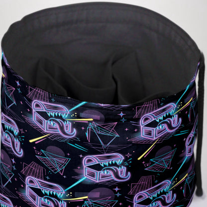 Neon mimic dice bag with drawstring open — fits 6 dice sets in pockets plus loose dice