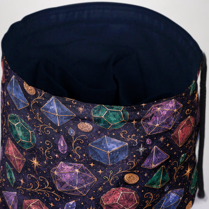 Celestial crystal dice bag standing open — large handmade DnD dice organizer.