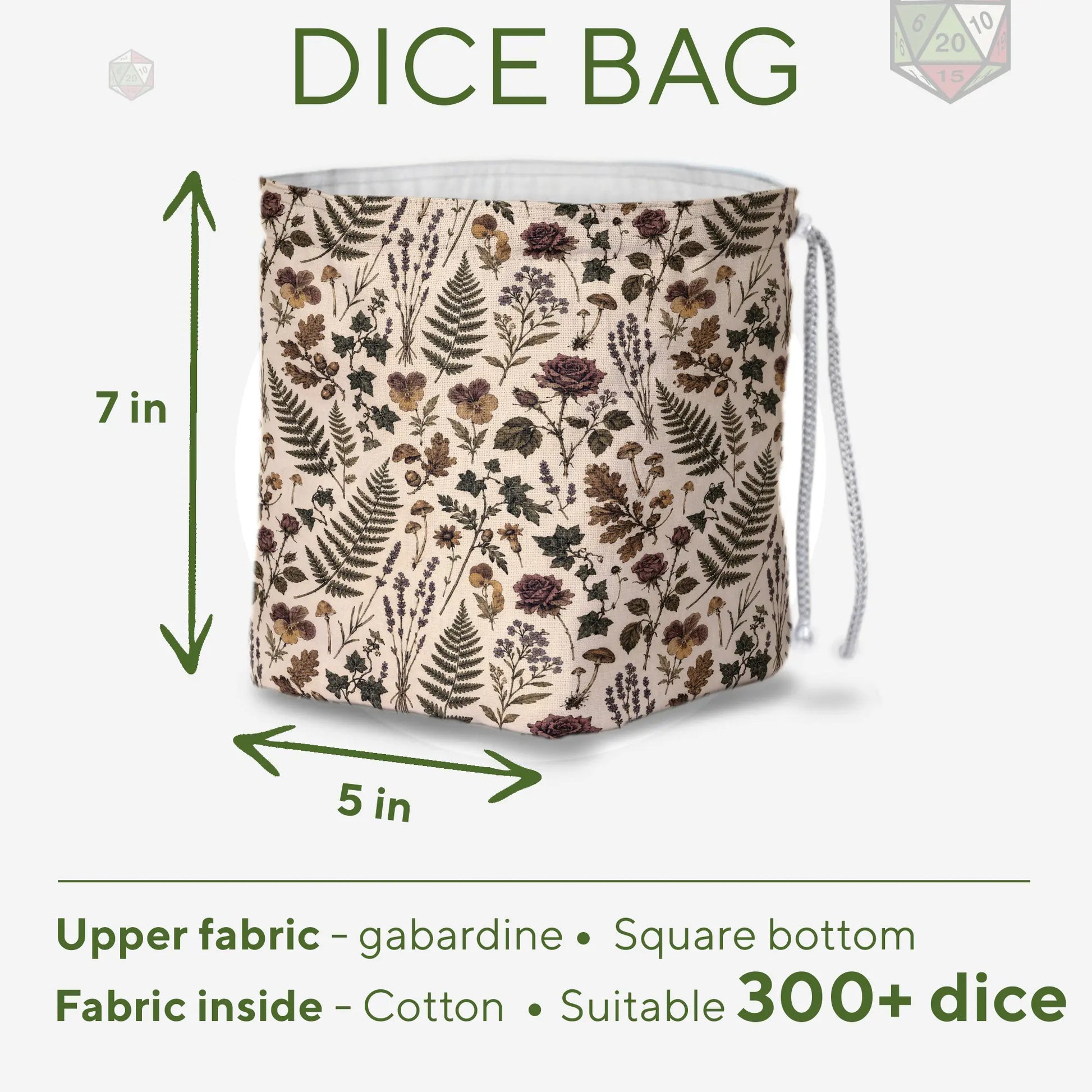Detail of pressed flowers and ferns on the Pressed Hours dice bag — handmade linen gabardine.