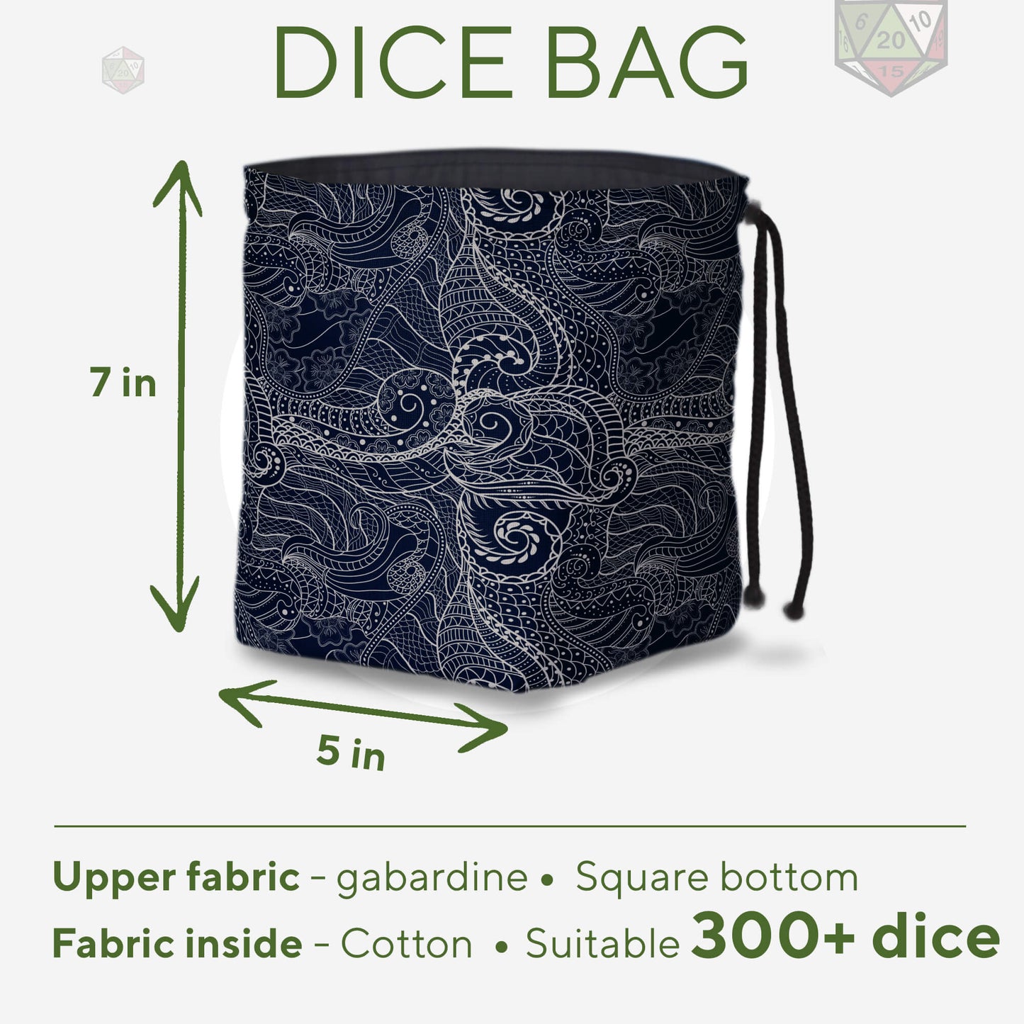 Ornate dragon scale dice bag interior with pockets — handmade DnD gift for a DM.