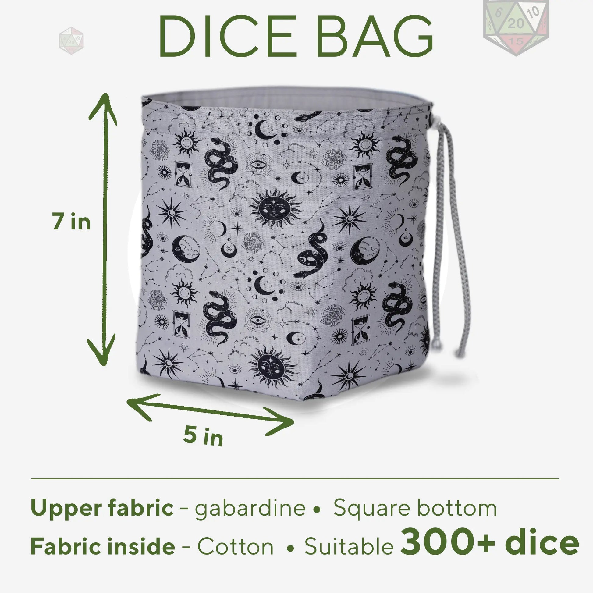 Gray celestial serpent dice bag standing upright on its square base — witchy DnD pouch.