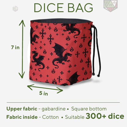 Red dragon dice bag standing upright on its square base for mid-session access.