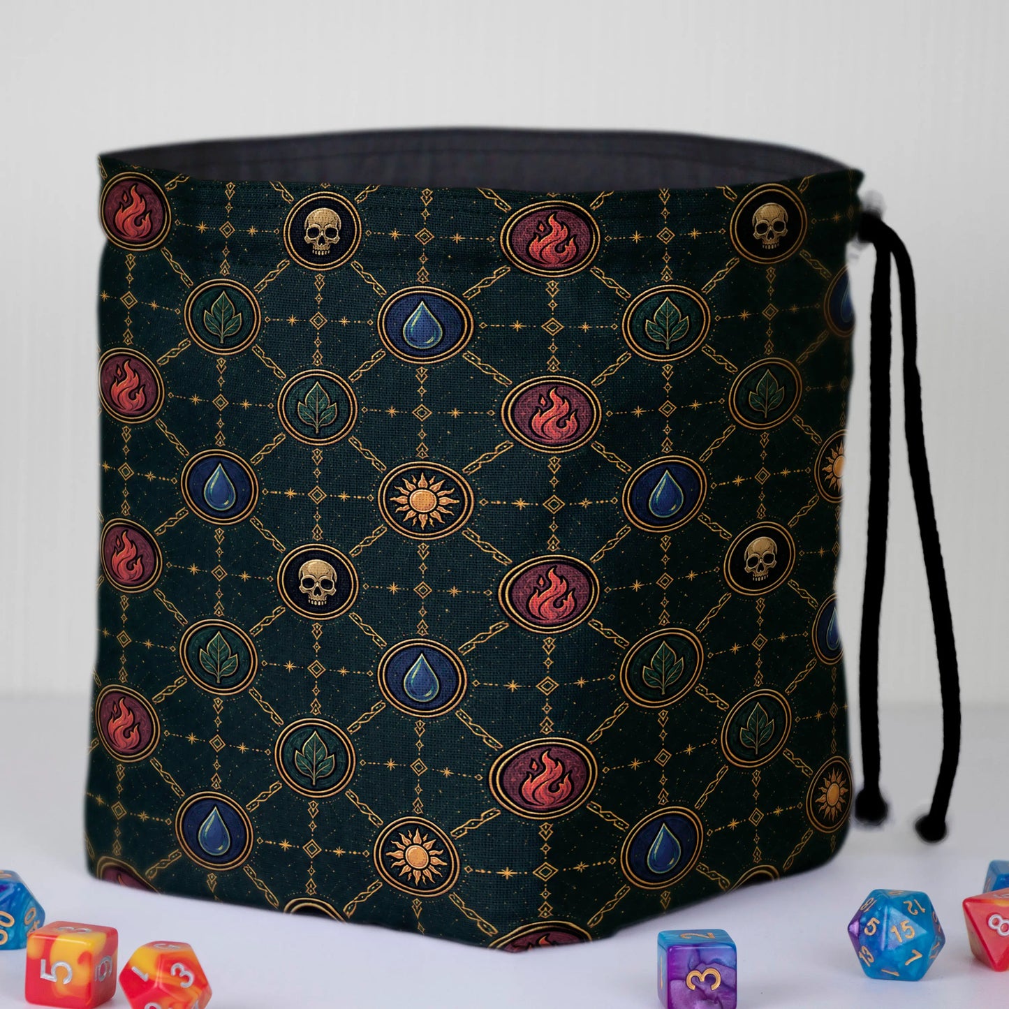 Mana Chains commander dice and token bag — another view of the handmade drawstring pouch
