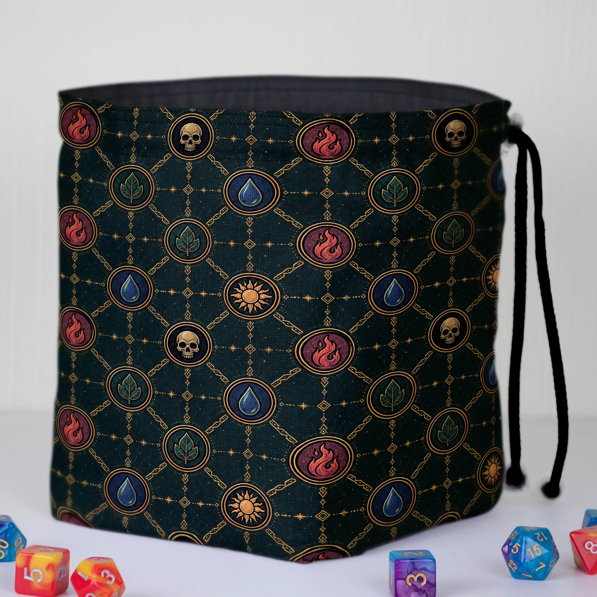 Mana Chains commander dice and token bag — another view of the handmade drawstring pouch