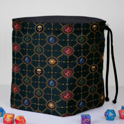 Mana Chains commander dice and token bag — another view of the handmade drawstring pouch