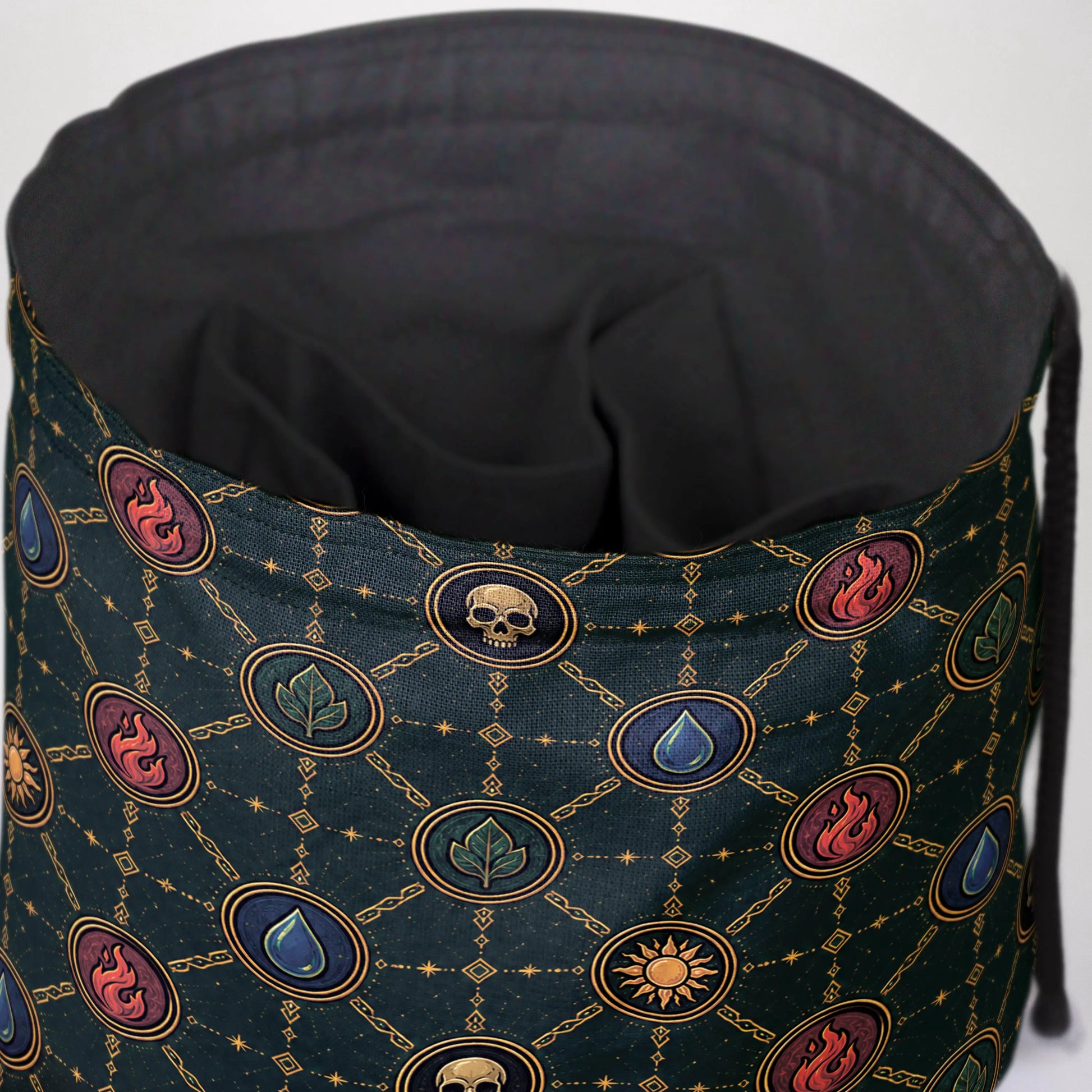 Mana Chains commander dice and token bag — another view of the handmade drawstring pouch