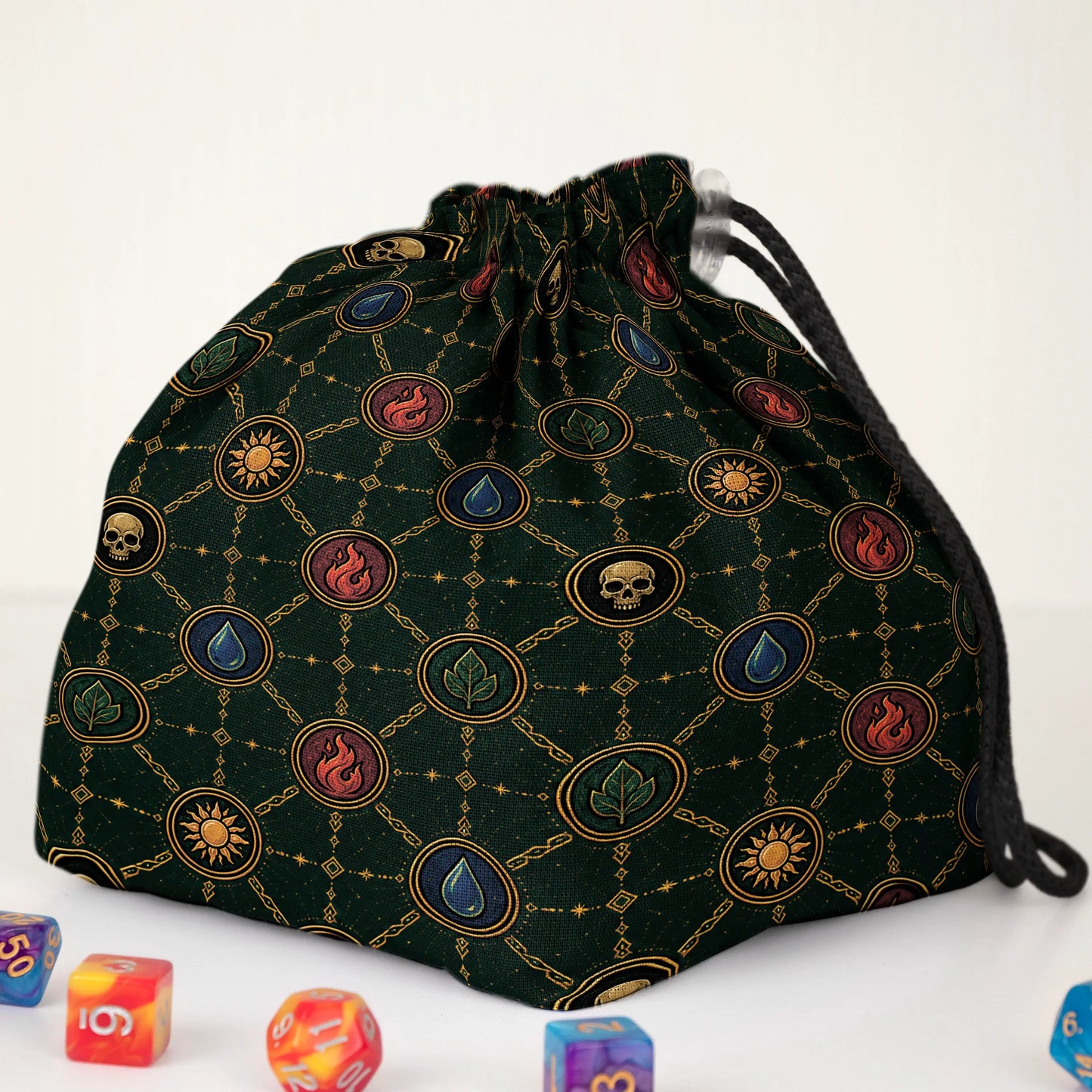Mana Chains commander dice and token bag — another view of the handmade drawstring pouch