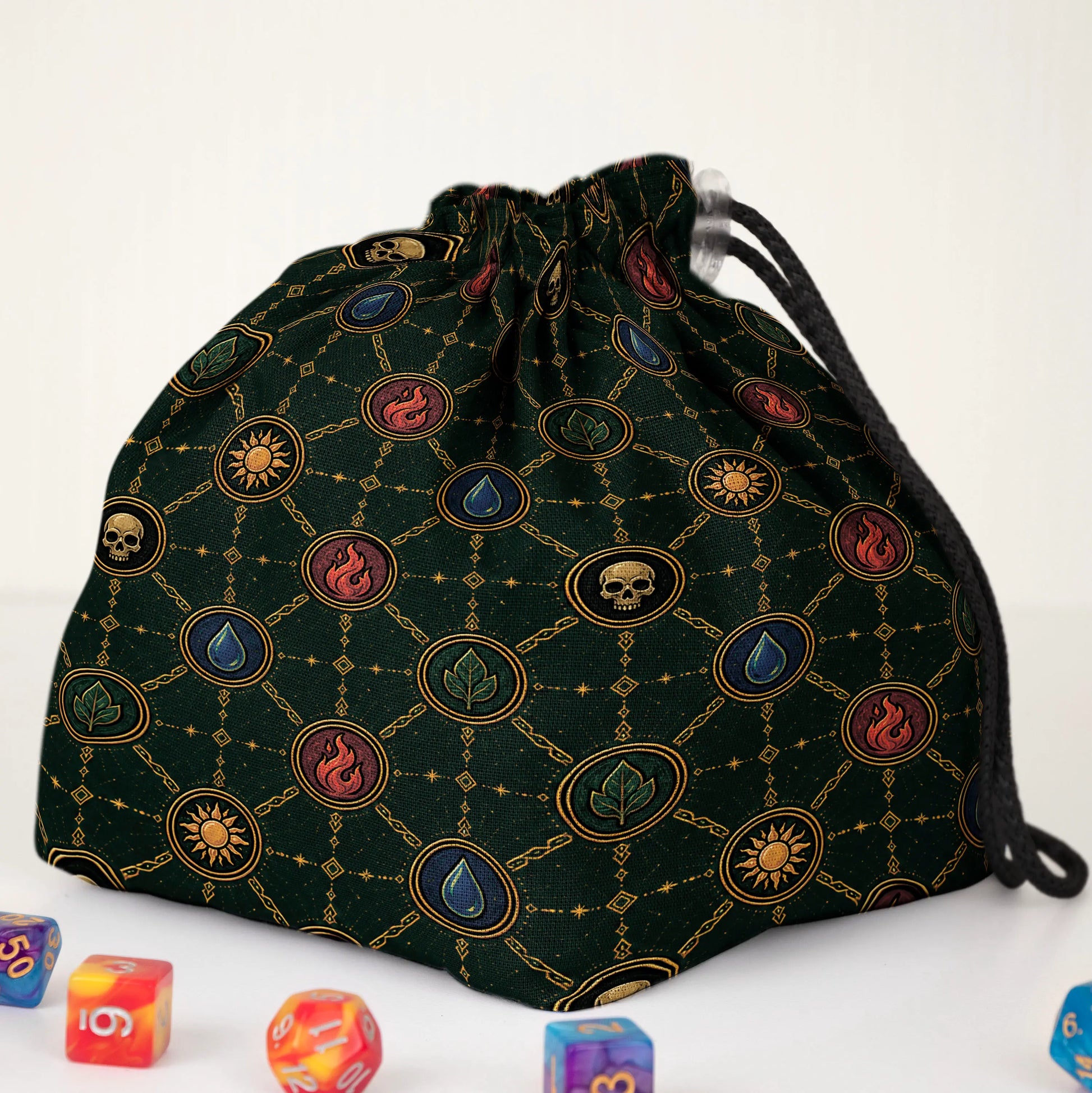 Mana Chains commander dice and token bag — another view of the handmade drawstring pouch