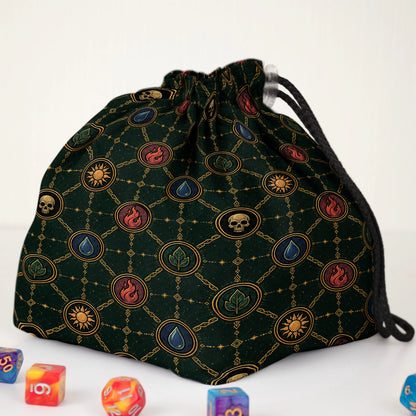 Mana Chains commander dice and token bag — another view of the handmade drawstring pouch