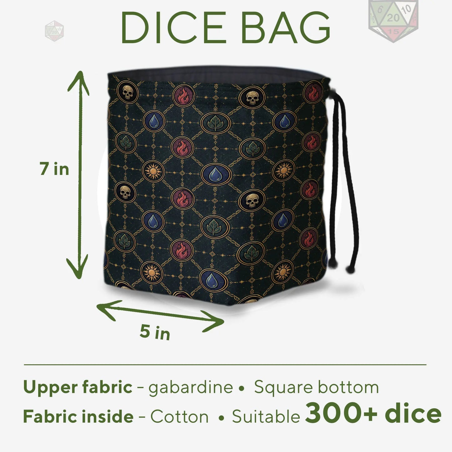 Mana Chains commander dice and token bag — another view of the handmade drawstring pouch