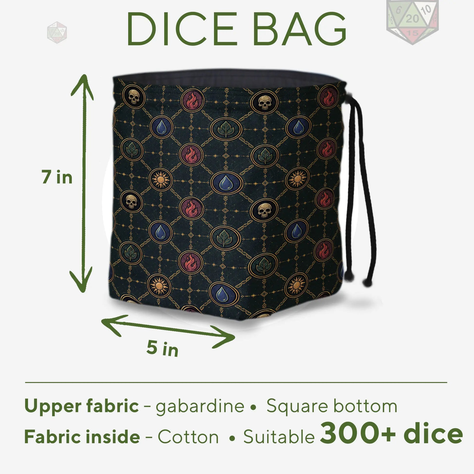 Mana Chains commander dice and token bag — another view of the handmade drawstring pouch