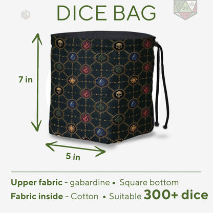 Mana Chains commander dice and token bag — another view of the handmade drawstring pouch