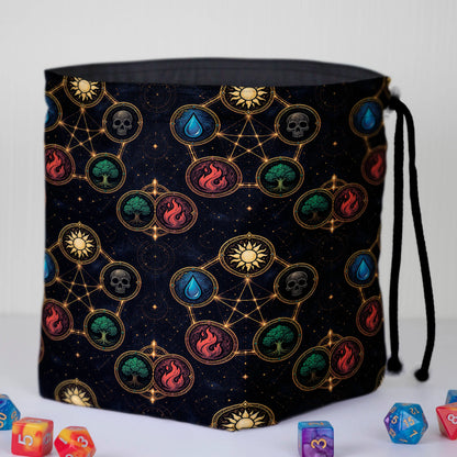 Mana Constellation MTG dice and token bag — another view of the handmade drawstring pouch