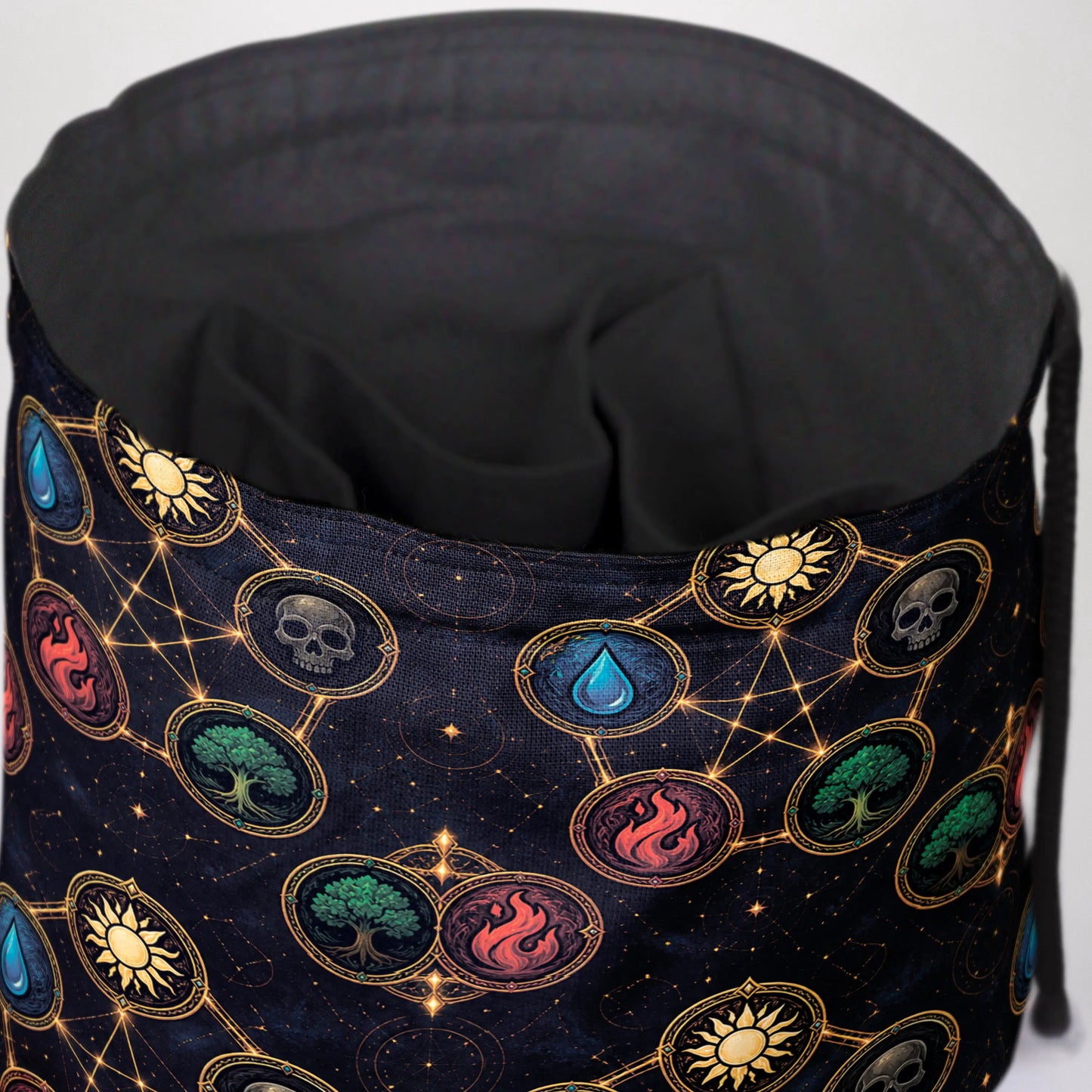 Mana Constellation MTG dice and token bag — another view of the handmade drawstring pouch