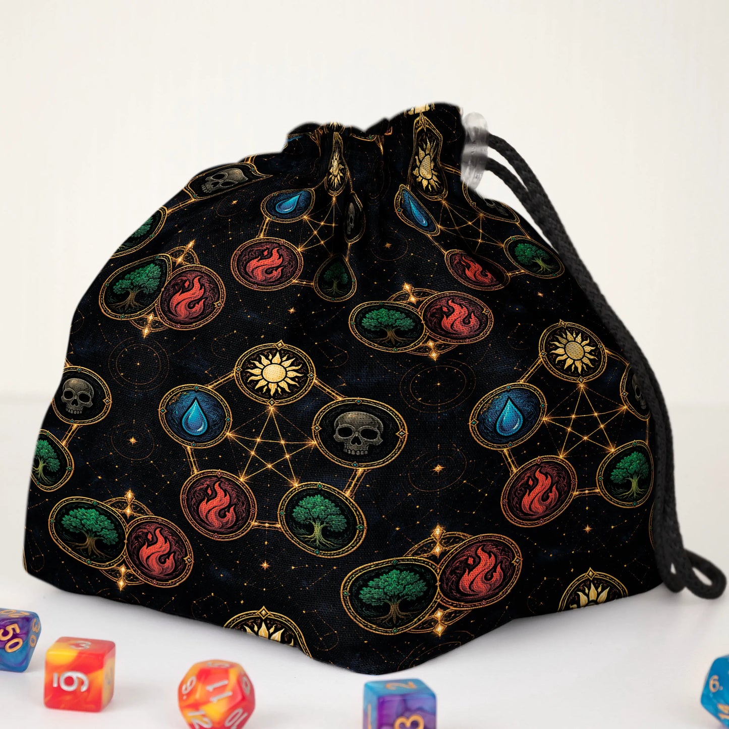 Mana Constellation MTG dice and token bag — another view of the handmade drawstring pouch