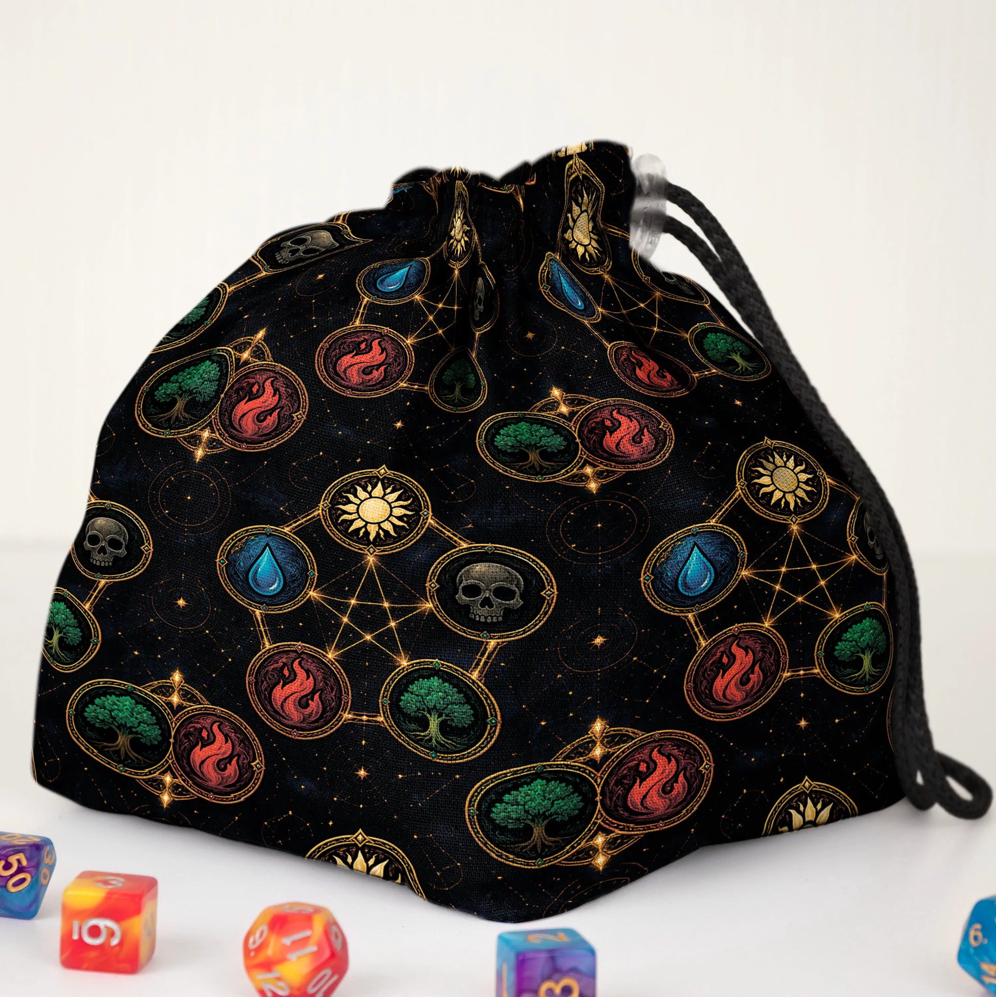 Mana Constellation MTG dice and token bag — another view of the handmade drawstring pouch