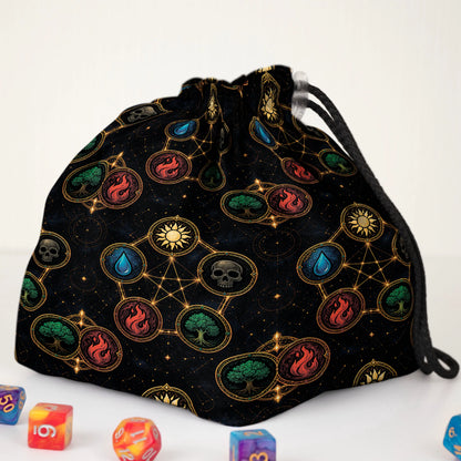 Mana Constellation MTG dice and token bag — another view of the handmade drawstring pouch