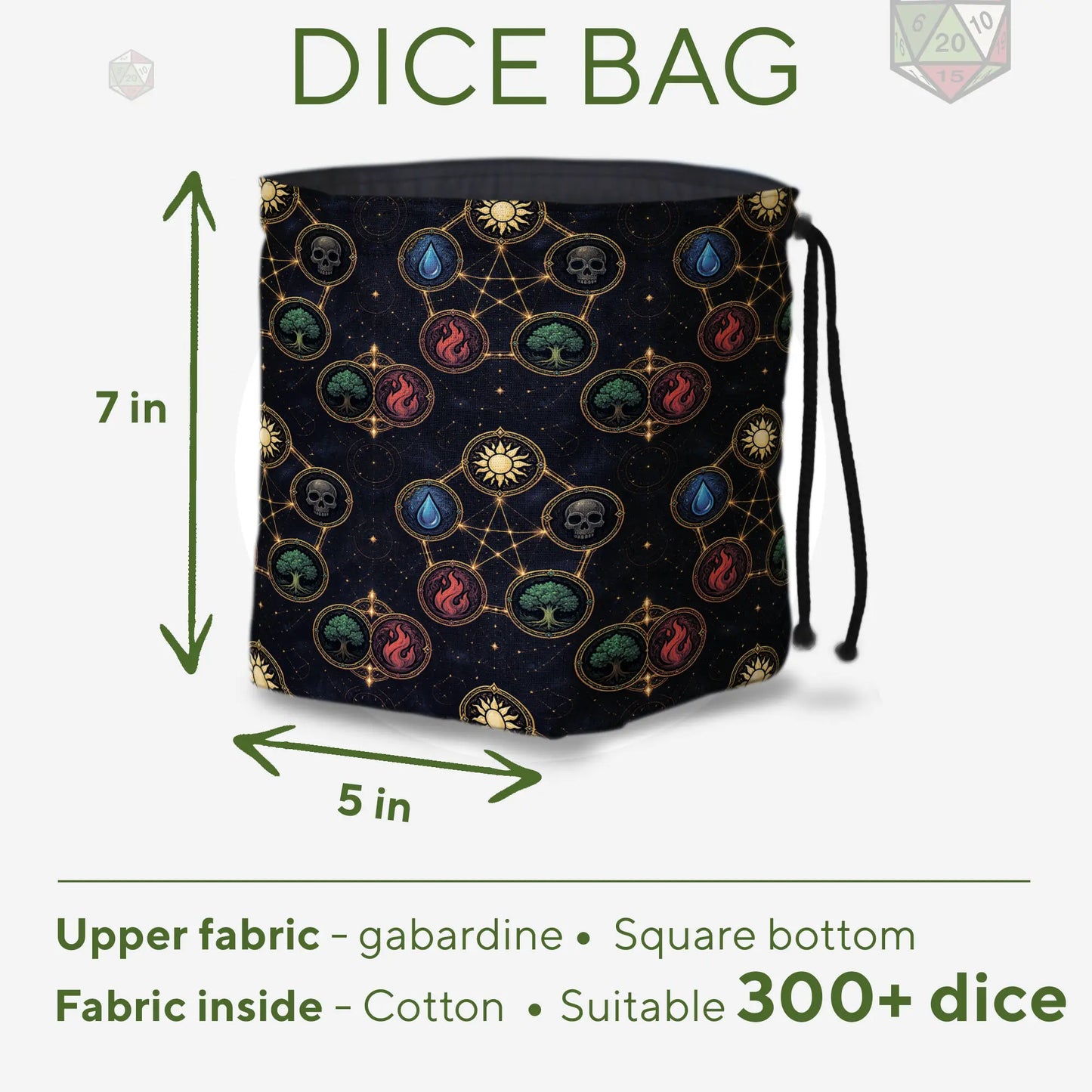 Mana Constellation MTG dice and token bag — another view of the handmade drawstring pouch