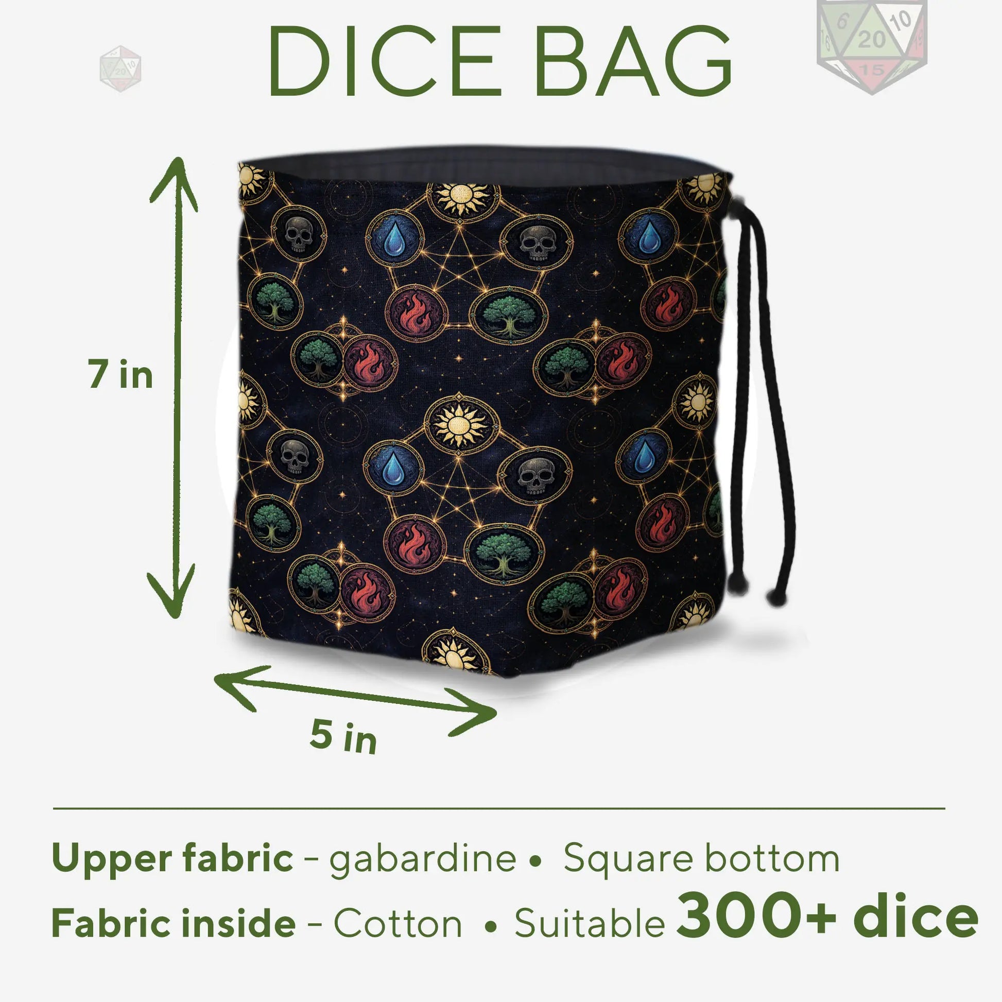 Mana Constellation MTG dice and token bag — another view of the handmade drawstring pouch