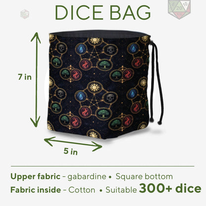 Mana Constellation MTG dice and token bag — another view of the handmade drawstring pouch