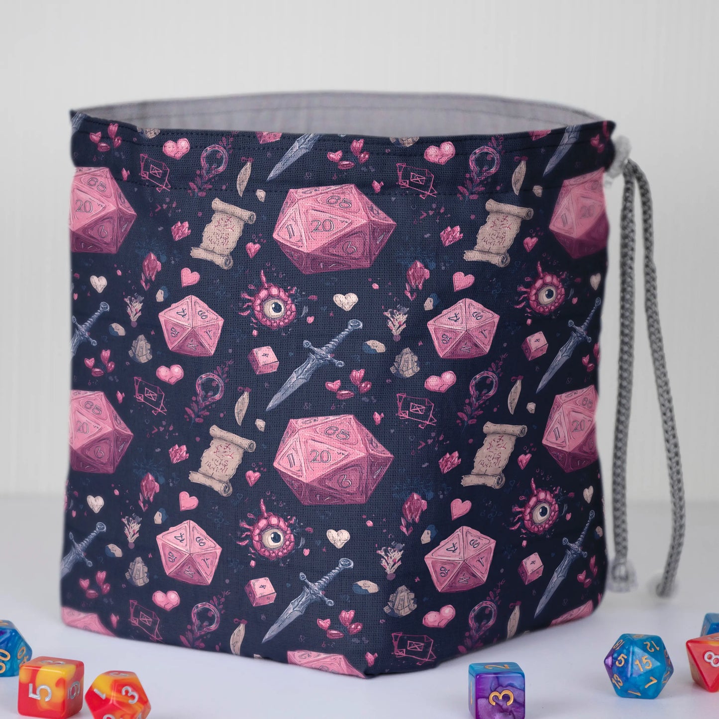 Red D20 dice bag with 6 pockets — sorts dice sets for a DM with multiple sets.