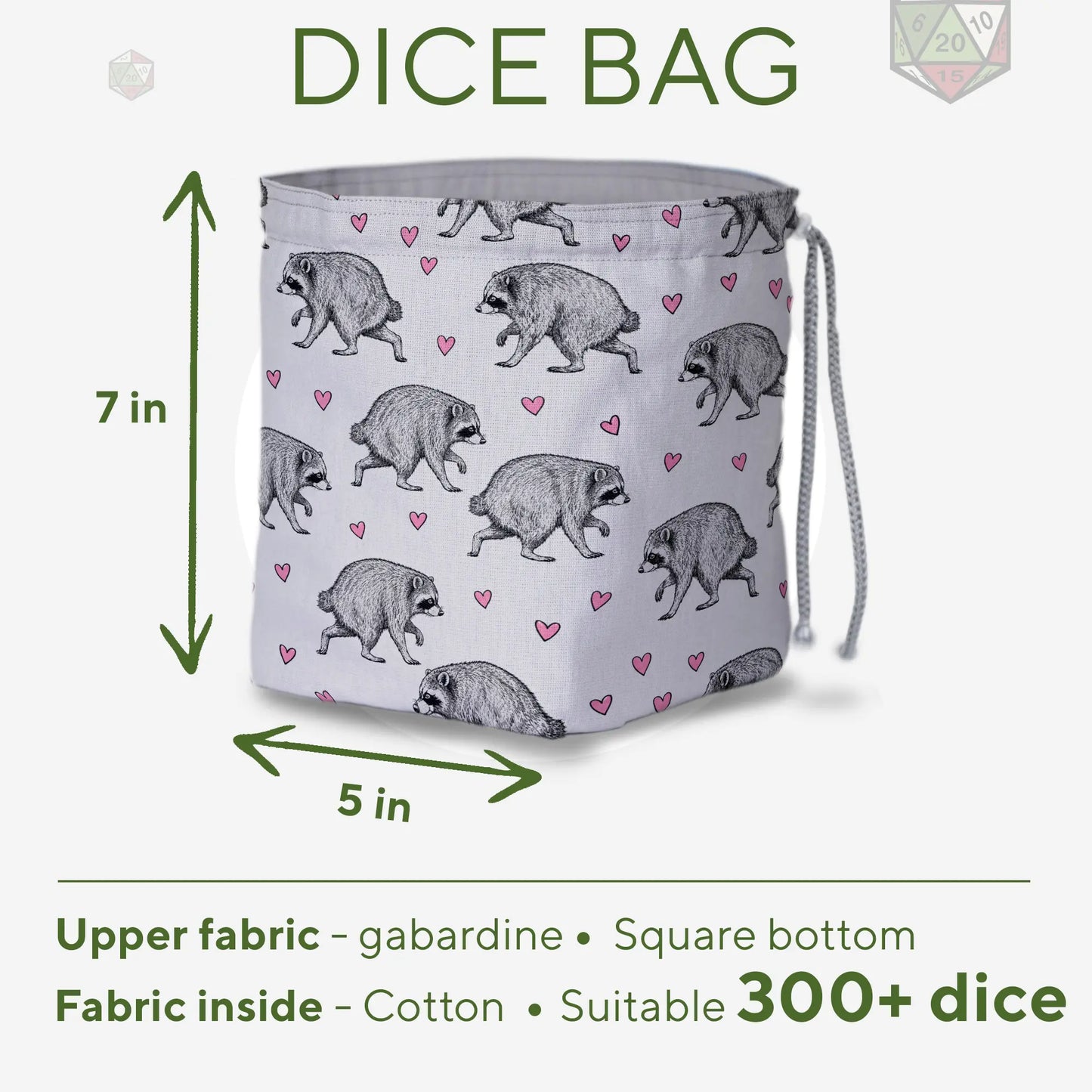 Grey Hearts Jimothy dice bag — another view of the handmade drawstring pouch