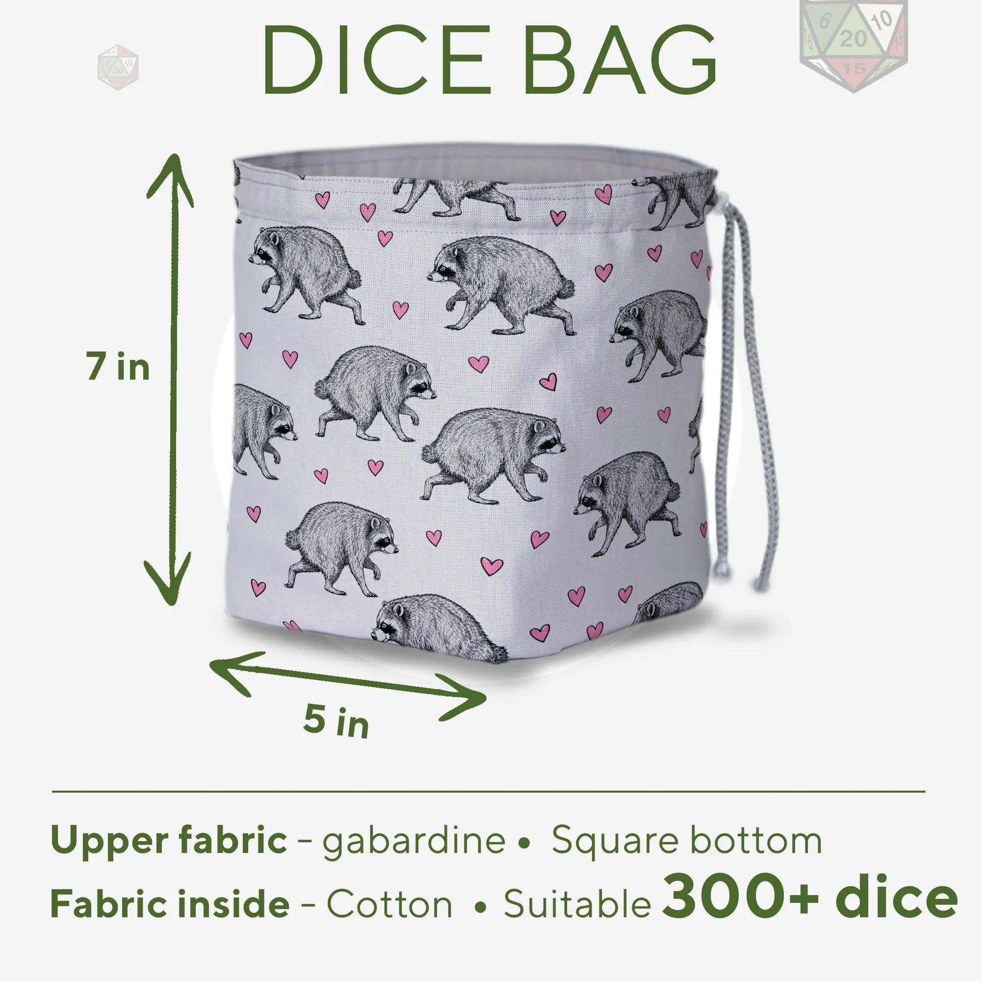 Grey Hearts Jimothy dice bag — another view of the handmade drawstring pouch