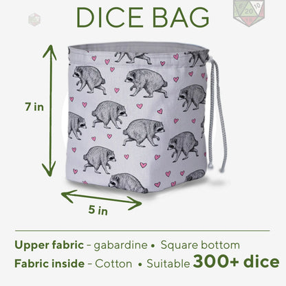 Grey Hearts Jimothy dice bag — another view of the handmade drawstring pouch