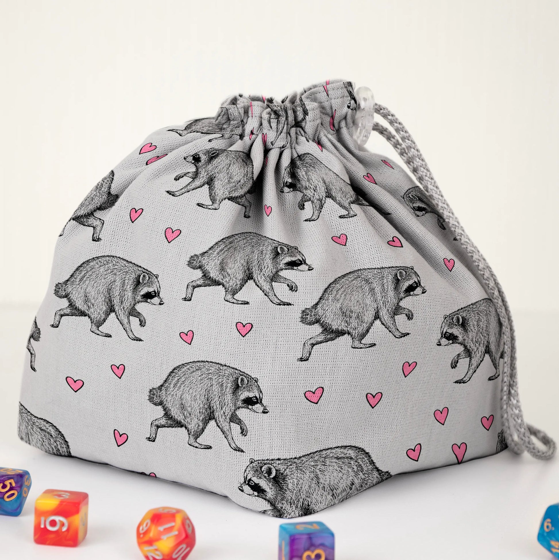 Grey Hearts Jimothy dice bag — another view of the handmade drawstring pouch
