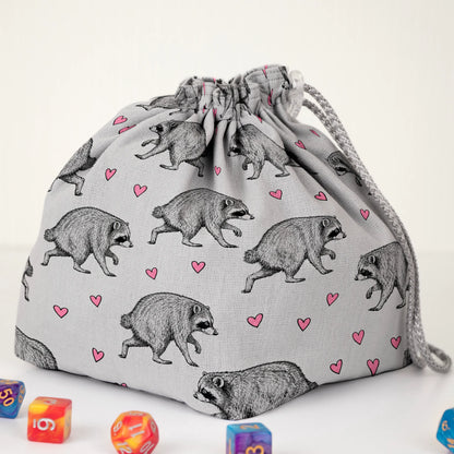 Grey Hearts Jimothy dice bag — another view of the handmade drawstring pouch
