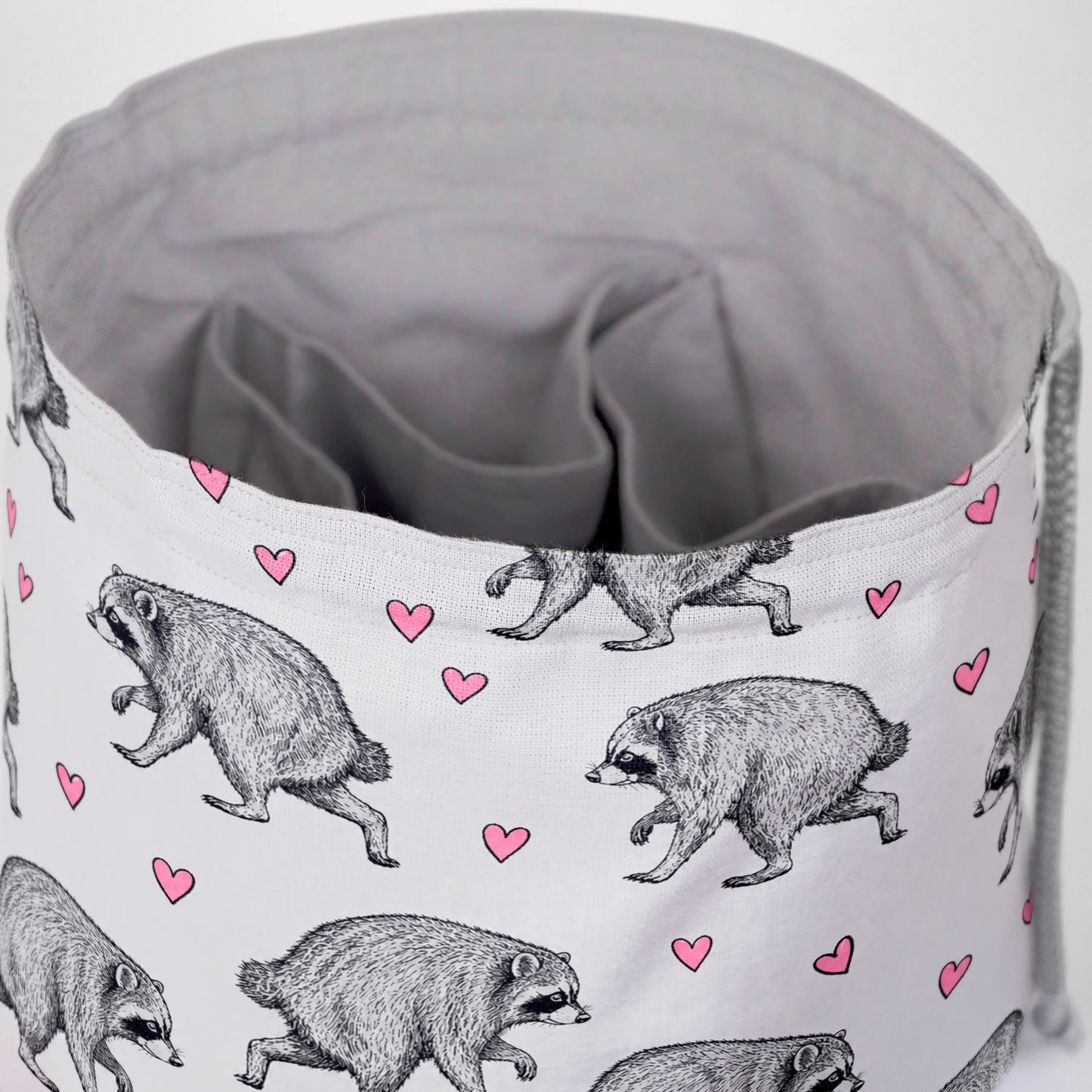 Grey Hearts Jimothy dice bag — another view of the handmade drawstring pouch