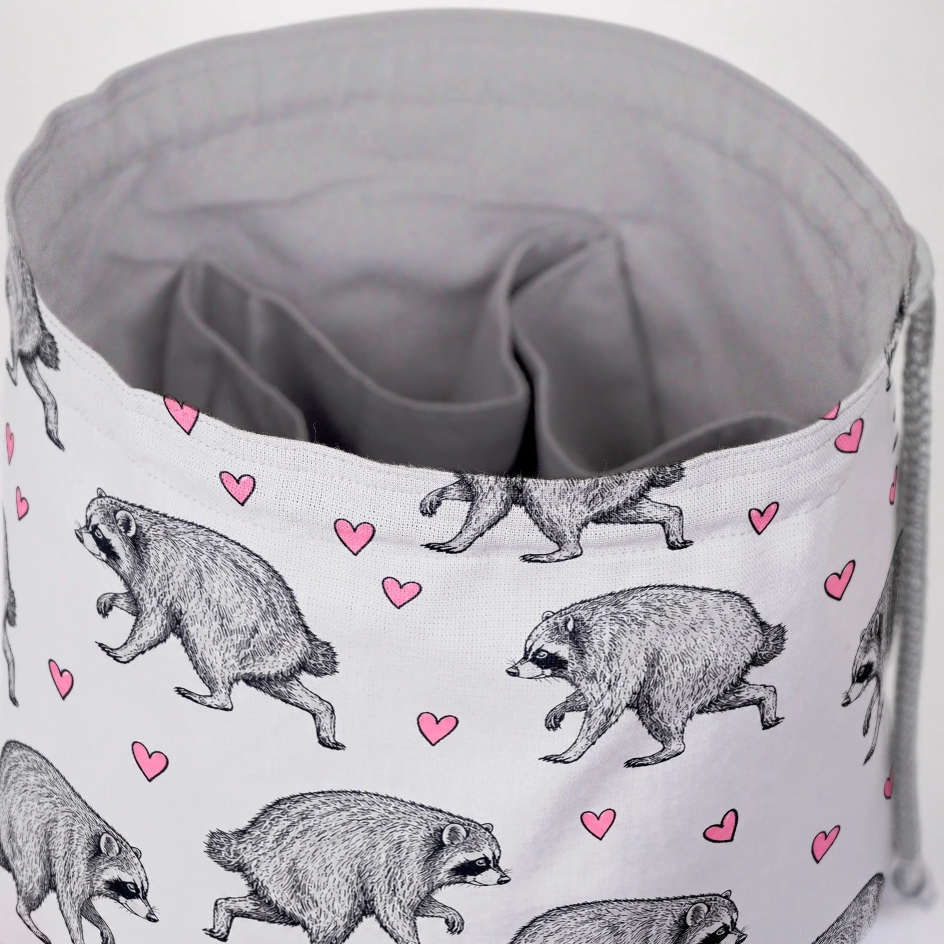 Grey Hearts Jimothy dice bag — another view of the handmade drawstring pouch