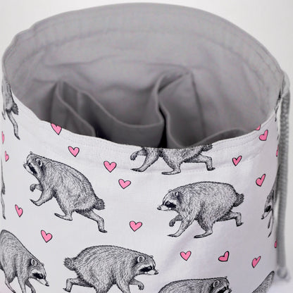 Grey Hearts Jimothy dice bag — another view of the handmade drawstring pouch