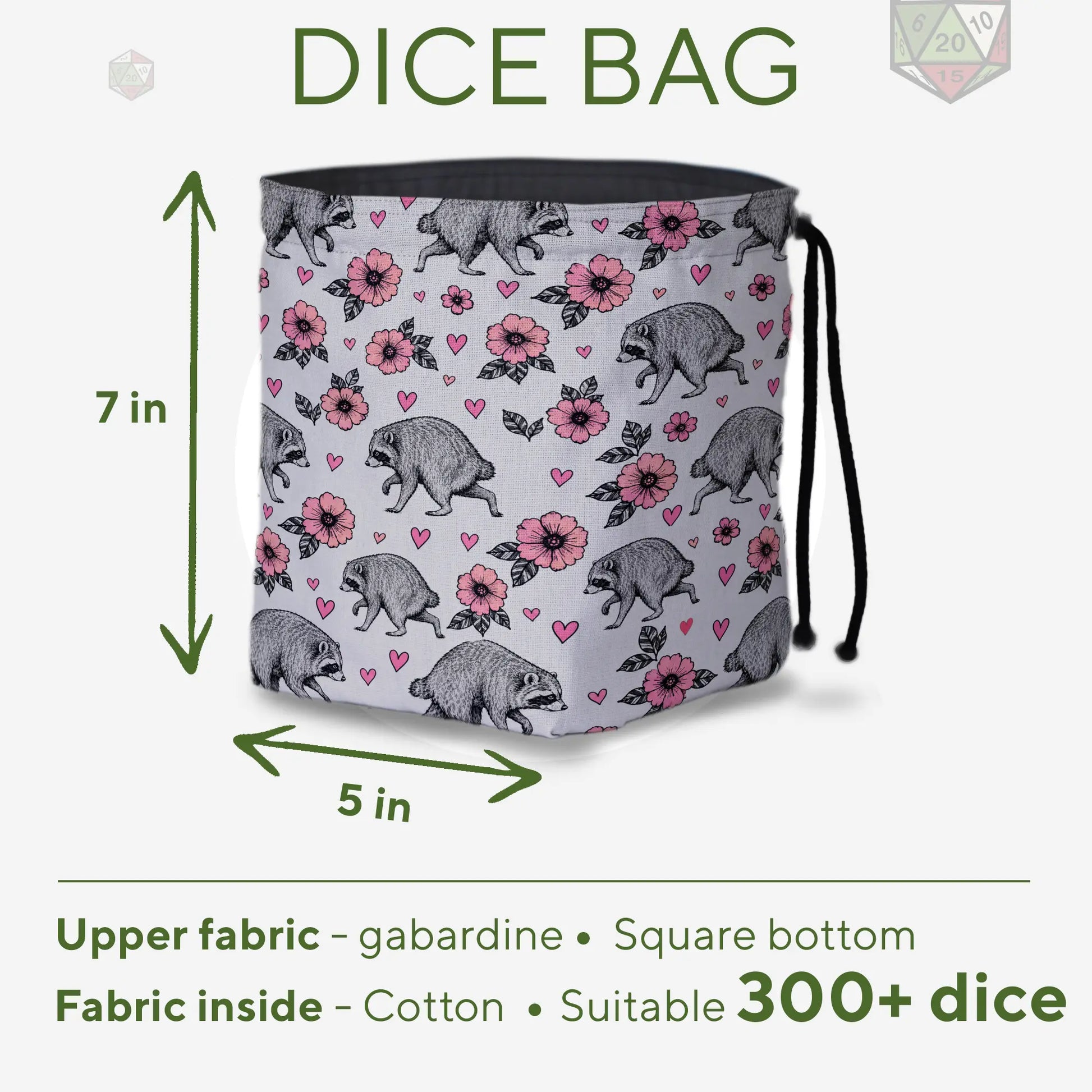 Pink Blossom Jimothy dice bag — another view of the handmade drawstring pouch