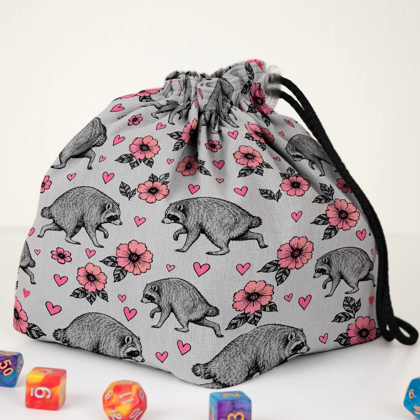 Pink Blossom Jimothy dice bag — another view of the handmade drawstring pouch
