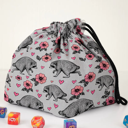 Pink Blossom Jimothy dice bag — another view of the handmade drawstring pouch