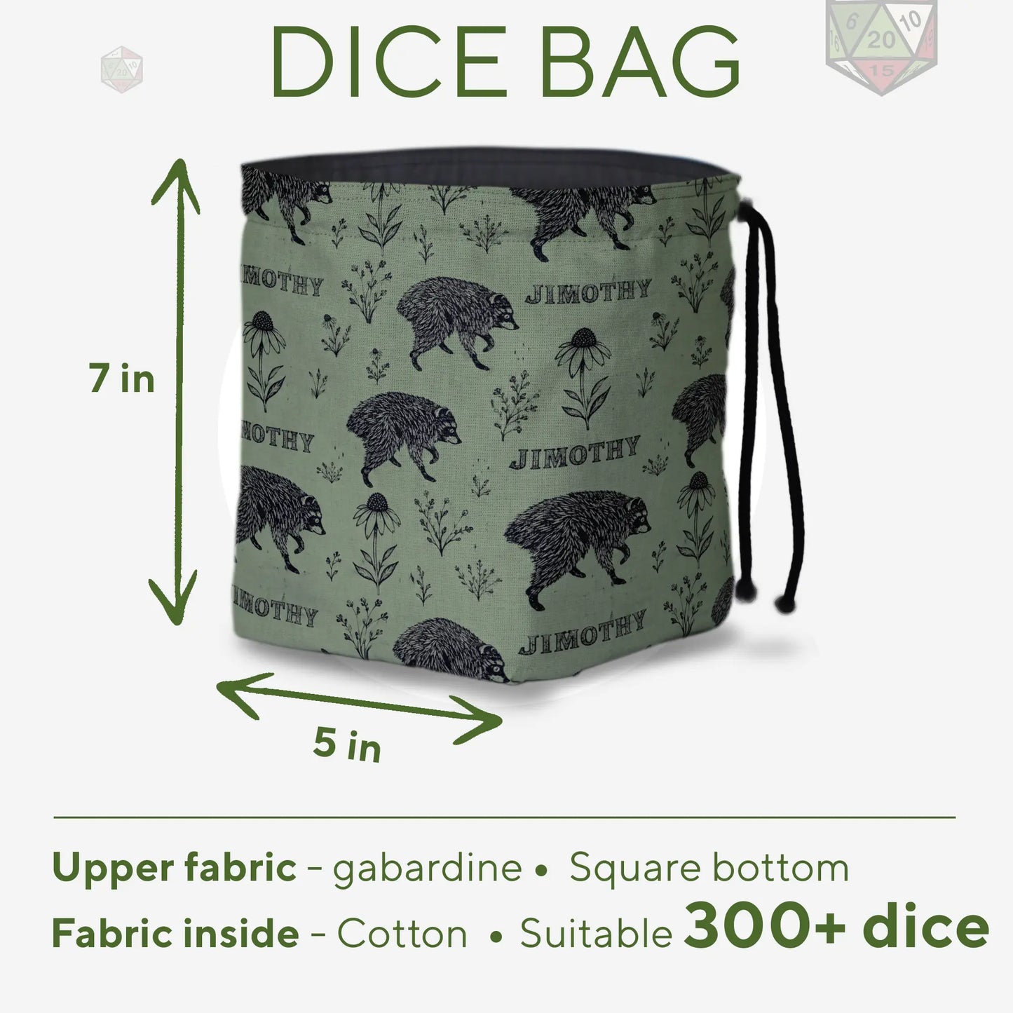 Sage botanical Jimothy dice bag — another view of the handmade drawstring pouch