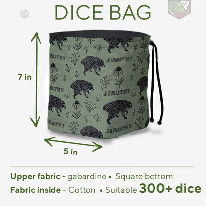 Sage botanical Jimothy dice bag — another view of the handmade drawstring pouch