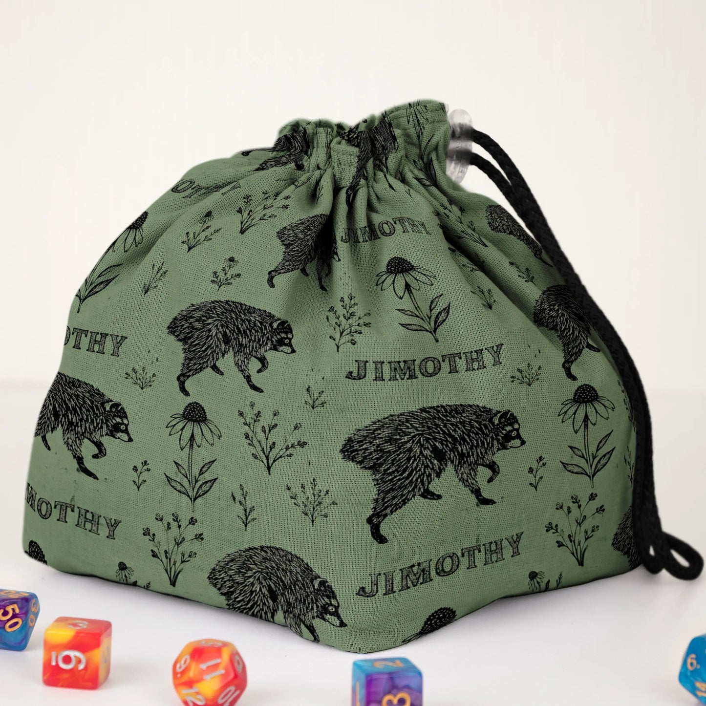 Sage botanical Jimothy dice bag — another view of the handmade drawstring pouch