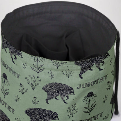 Sage botanical Jimothy dice bag — another view of the handmade drawstring pouch