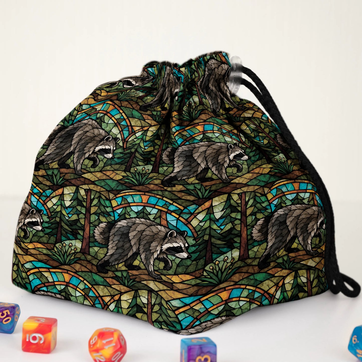 Stained Glass Forest Jimothy dice bag — another view of the handmade drawstring pouch