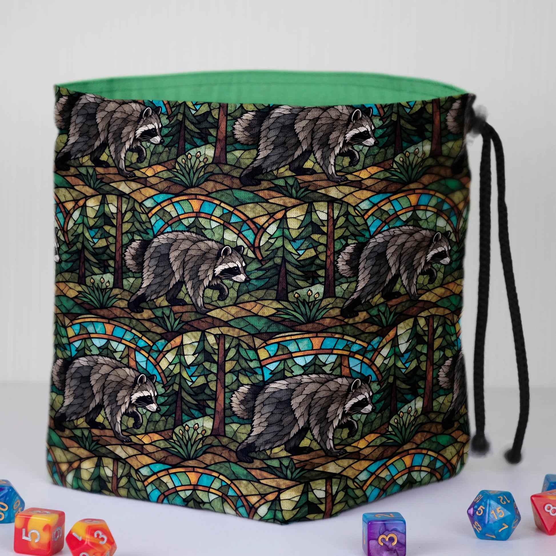 Stained Glass Forest Jimothy dice bag standing open on its square base with green cotton lining