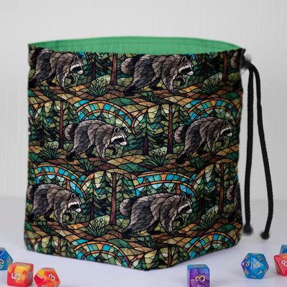 Stained Glass Forest Jimothy dice bag standing open on its square base with green cotton lining