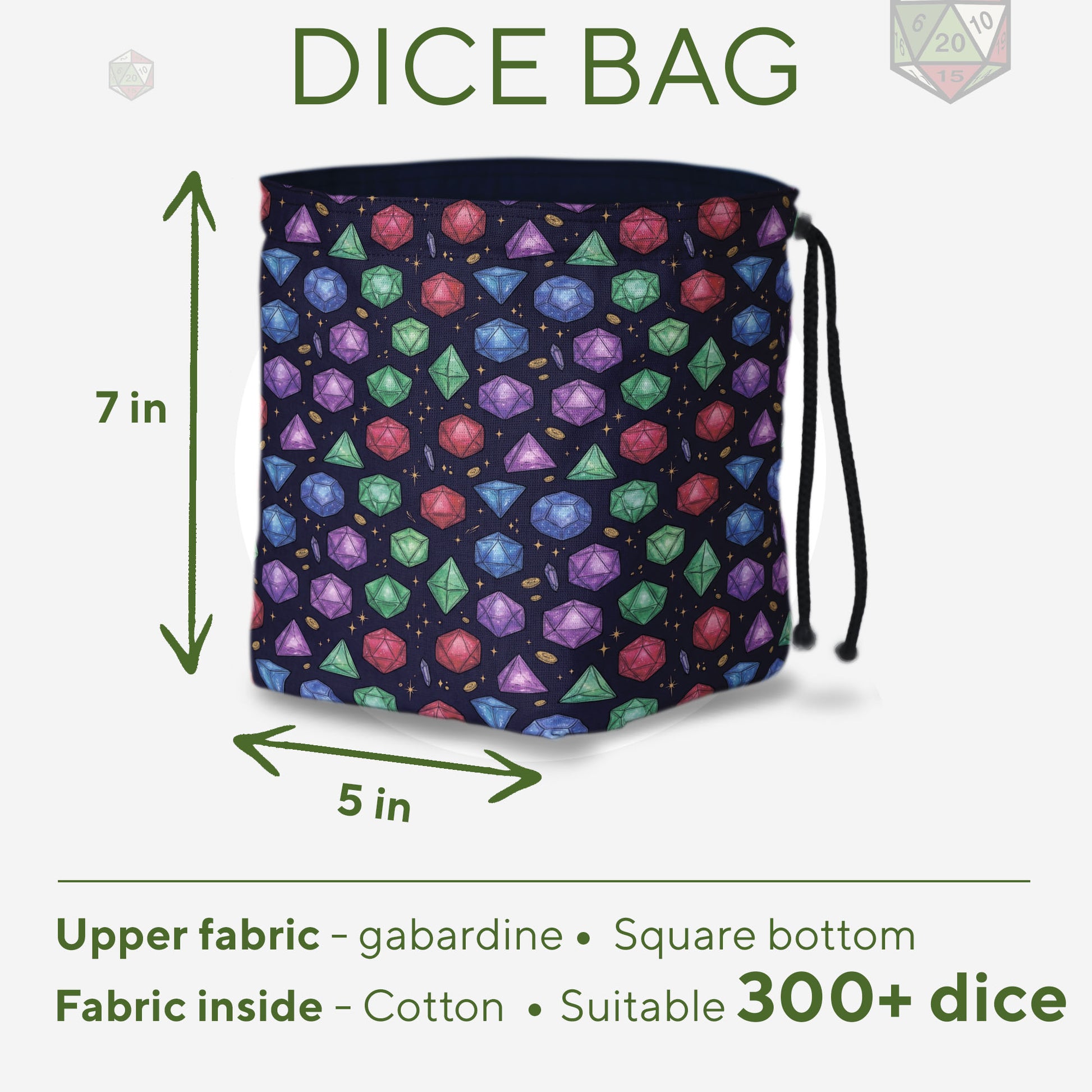 Gemstone dice bag with rainbow pockets for sorting dice by set.