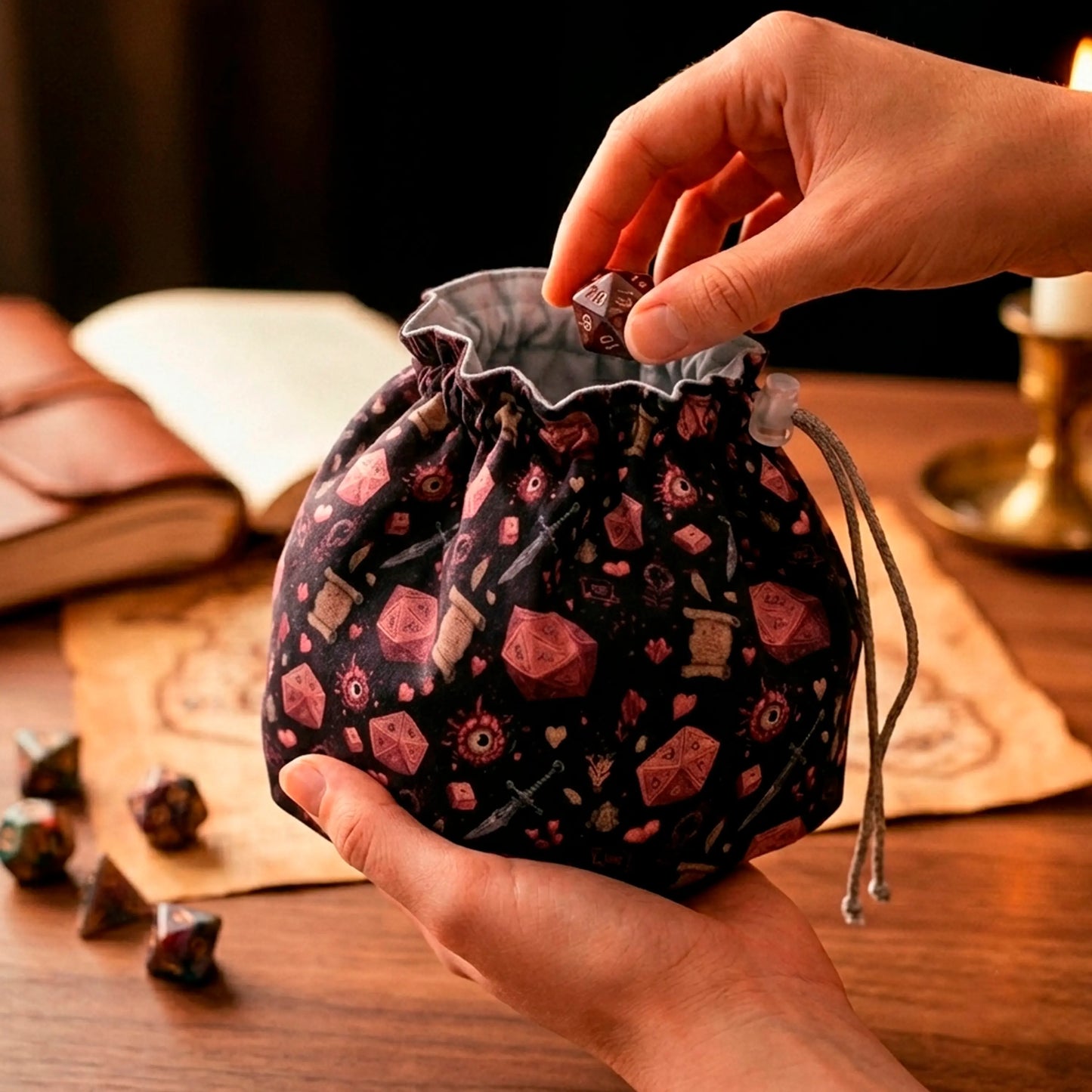 A bold gift for a DnD player — crimson D20 dice bag with pockets, red dice and daggers on black, holds 300+ dice.