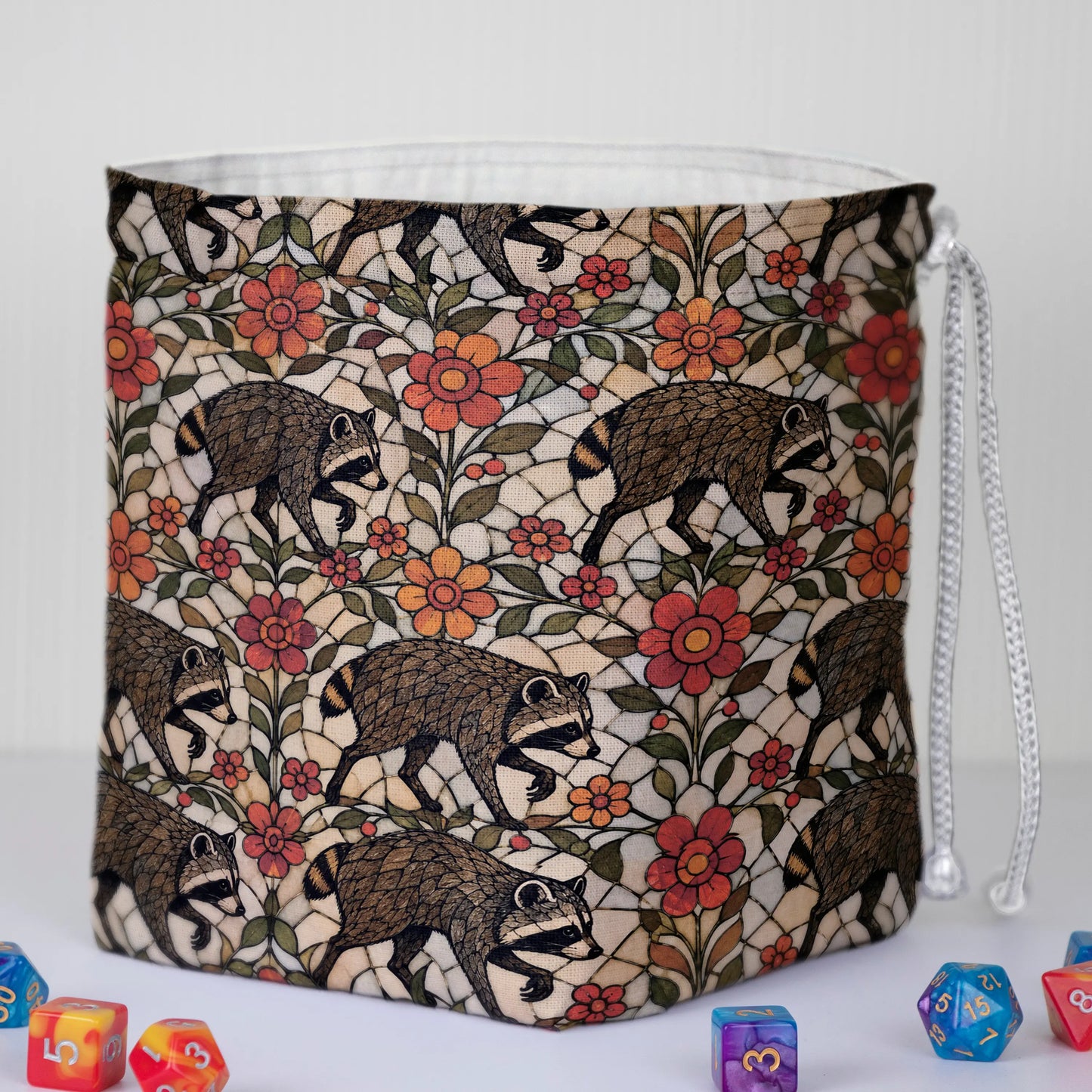 Stained Glass Garden Jimothy dice bag — another view of the handmade drawstring pouch
