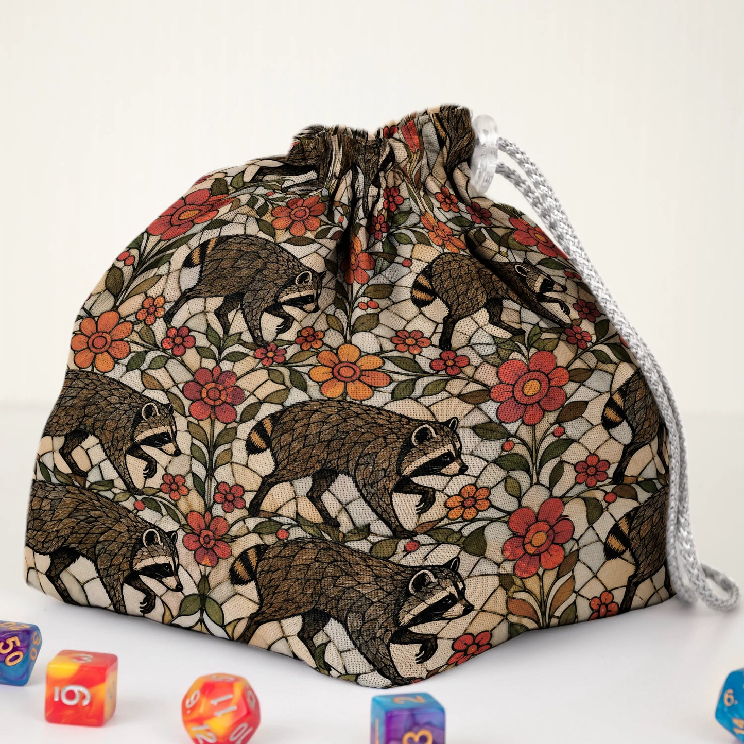 Stained Glass Garden Jimothy dice bag — another view of the handmade drawstring pouch